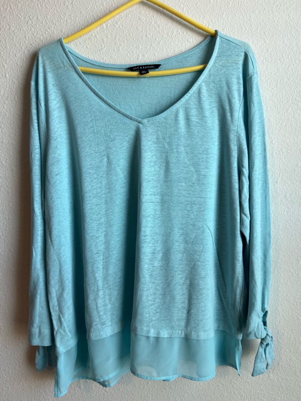 Zac & Rachel Seafoam Blue V-Neck Long Sleeve Top with Sheer Hem